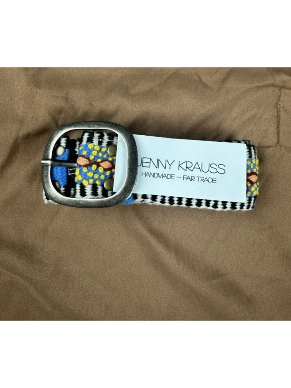 Jenny Krauss NWT Embroidered Wool Belt Size L Blue Boho Handmade Peru Fair Trade
